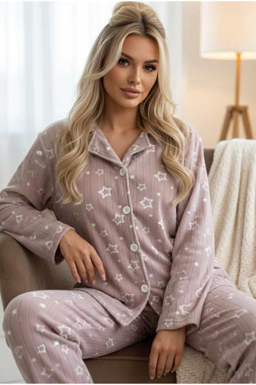 Düğmeli Polar Kışlık Örme Pijama Takım