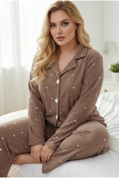 Düğmeli Büyük Beden Polar Kışlık Örme Pijama Takım
