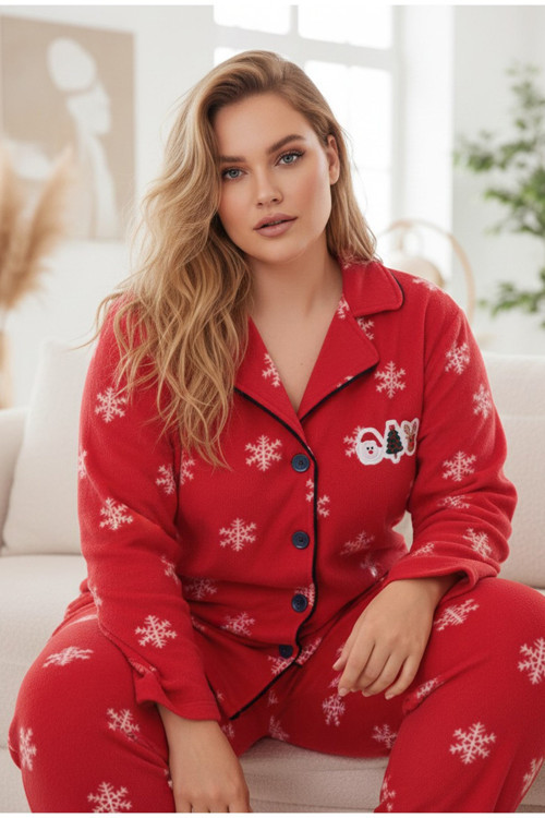 Yılbaşı Temalı Nakışlı Kar Tanesi Desenli Büyük Beden Polar Kışlık Örme Pijama Takım