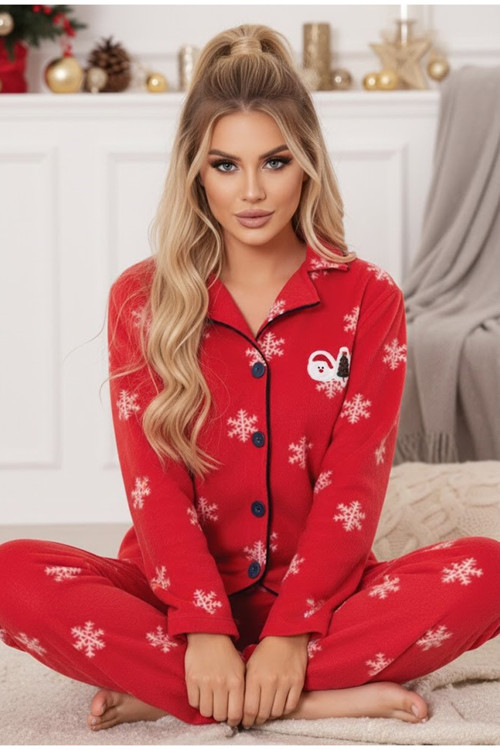 Yılbaşı Temalı Nakışlı Kar Tanesi Desenli Polar Kışlık Örme Pijama Takım