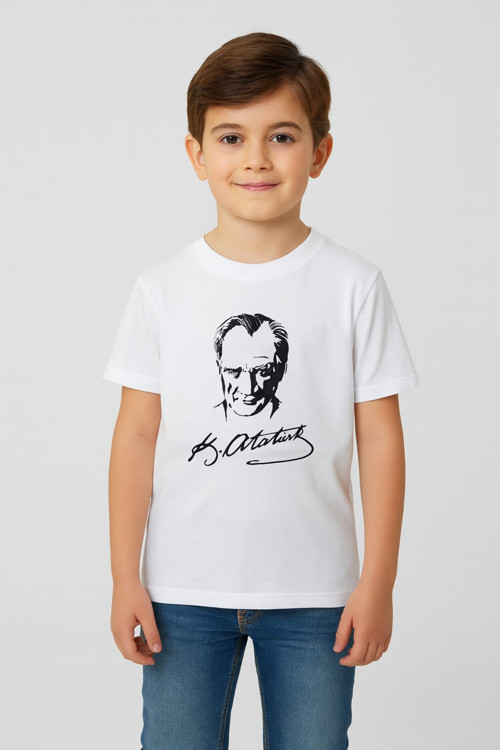 Çocuk Tişört Atatürk ve Türk Bayrağı Baskılı Kırmızı Beyaz Kısa & Uzun Kollu