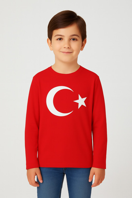 Çocuk Tişört Atatürk ve Türk Bayrağı Baskılı Kırmızı Beyaz Kısa & Uzun Kollu
