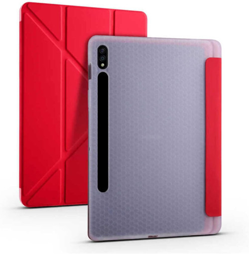- Galaxy Tab S7 T870 Kılıf Ile Uyumlu Tri Folding Kalem Bölmeli Standlı Kılıf-Kırmızı - Be