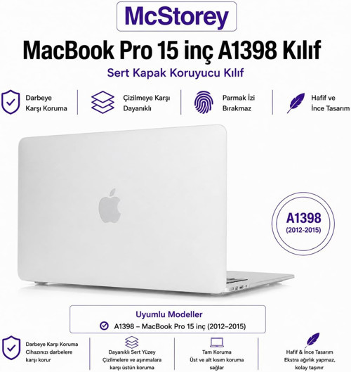Mcstorey Macbook Pro Kılıf 15Inç Mat (Eski Hdmi'Lı Model:A1398 2012-2015) Ile Uyumlu Şeffaf