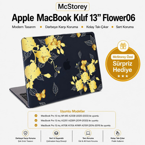 Mcstorey Macbook Pro 13 Çiçek Desenli Kılıf A1706 A1708 A1989 A2159 A2251 A2289 A2338 M1 M2 Uyumlu B