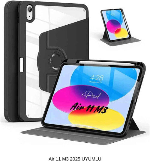 Ipad Air 11 2025 M3 Çip Uyumlu 360° Dönebilen Yatay Dikey Standlı Fuchsia Pino Tablet Kılıfı Siyah