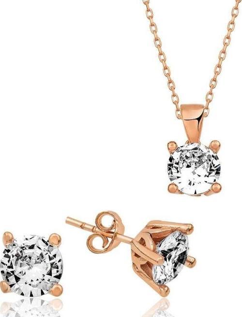 ​925 Ayar Gümüş Rose Tek Taş İkili Set