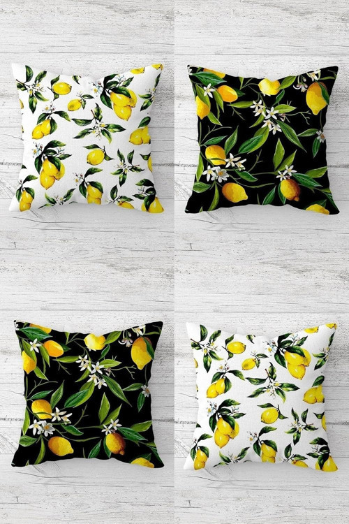 Limon Ve Limon Çiçekleri Desenli Gizli Fermuarlı Kırlent Kılıfı Koltuk Yastık Kılıfı Takım(4