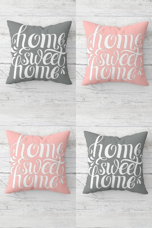 Home Sweet Home Yazılı Gizli Fermuarlı Kırlent Kılıfı Koltuk Yastık Kılıfı Takım, Pembe-Gri