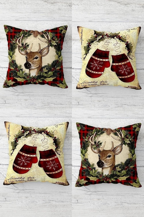 Geyik Kokina Çiçek Ekose Yılbaşı Christmas Gizli Fermuarlı Kırlent Kılıfı Yastık Kılıfı Takı