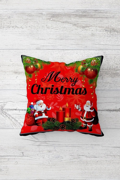 Yeni Yıl Noel Babalı Çift Tarafı Baskılı Gizli Fermuarlı Yastık Kılıfı Kırlent Koltuk Yastık