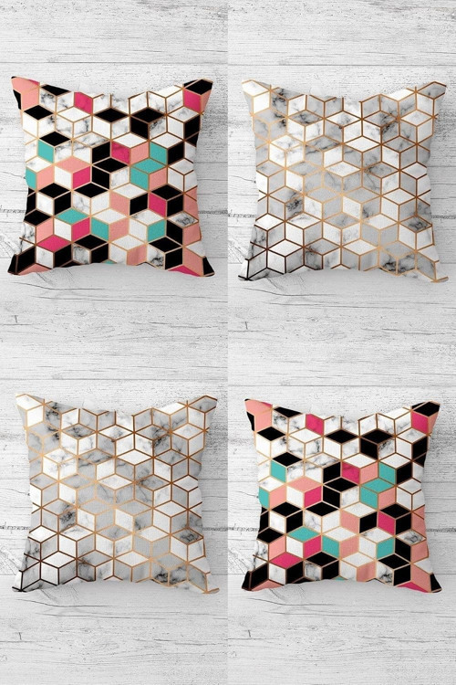 Geometrik Balpeteği Desenli Gizli Fermuarlı Kırlent Kılıfı Koltuk Yastık Kılıfı Takım(4Adet)