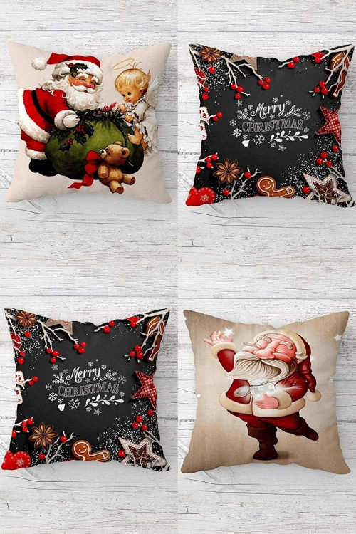 Merry Christmas Yılbaşı Noel Gizli Fermuarlı Kırlent Kılıfı Koltuk Yastık Kılıfı Takım(4Adet