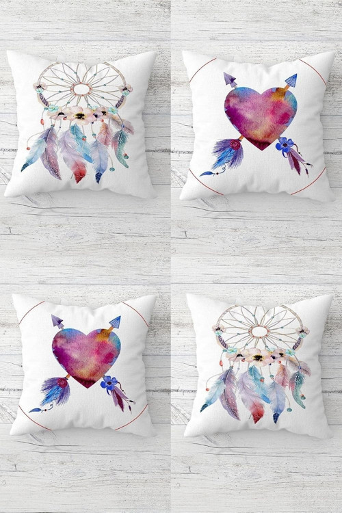 Kalp Ve Dream Catcher Desenli Gizli Fermuarlı Kırlent Kılıfı Koltuk Yastık Kılıfı Takım(4Ade