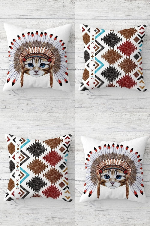 Kızıderili Kedi Ve Etnik Desenli Gizli Fermuarlı Kırlent Kılıfı Koltuk Yastık Kılıfı Takım(4