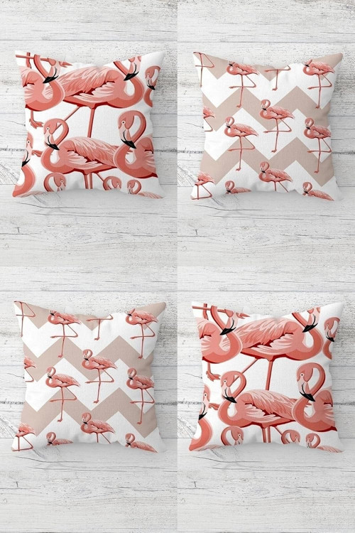 Flamingo Zigzag Desenli Gizli Fermuarlı Kırlent Kılıfı Koltuk Yastık Kılıfı Takım(4Adet), Be