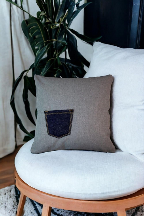 Kot Kumaştan Cep Detaylı 43X43 Dekoratif Kırlent Kılıfı Gri Denim Modern