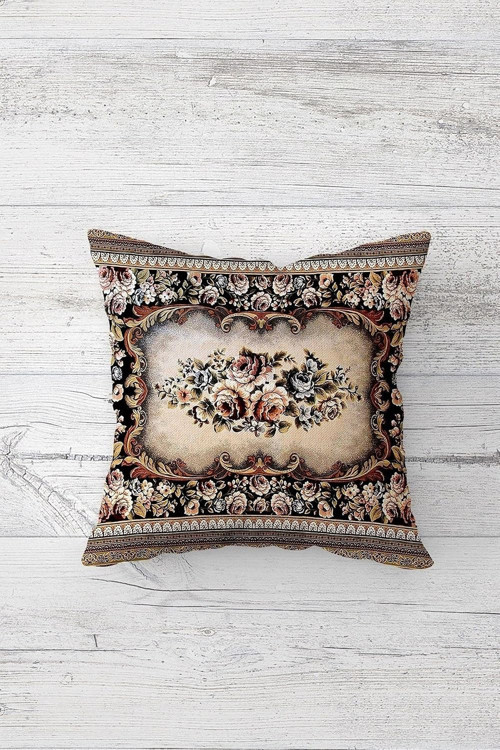 Vintage Gül Desenli Çift Tarafı Baskılı Gizli Fermuarlı Yastık Kılıfı Kırlent Koltuk Yastık