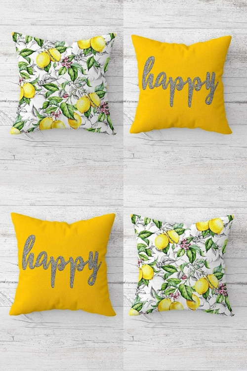 Limon Desenli Ve Happy Yazılı Gizli Fermuarlı Kırlent Kılıfı Koltuk Yastık Kılıfı Takım(4Ade