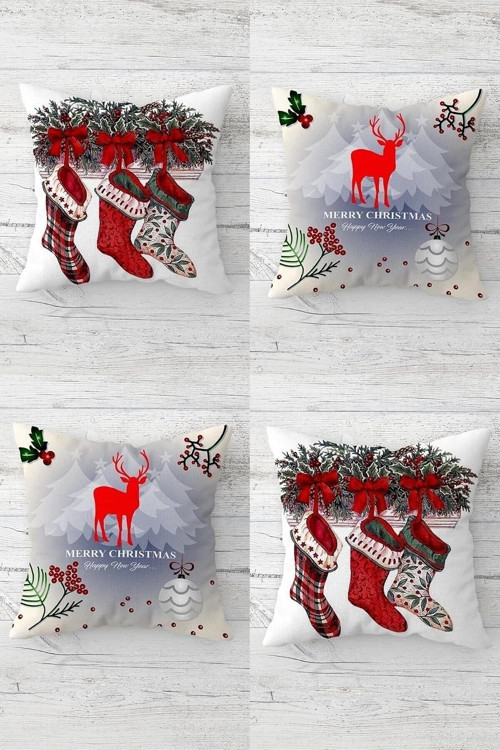 Geyik Kokina Yılbaşı Çorabı Christmas Gizli Fermuarlı Kırlent Kılıfı Yastık Kılıfı Takım(4Ad