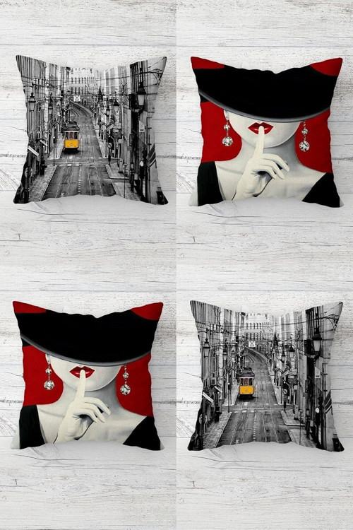 Tramvay Ve Şapkalı Modern Kadın Gizli Fermuarlı Kırlent Kılıfı Koltuk Yastık Kılıfı Takım(4A