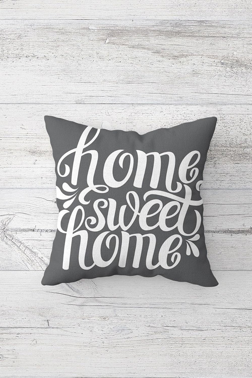 Gri Home Sweet Home Çift Tarafı Baskılı Gizli Fermuarlı Yastık Kılıfı Kırlent Koltuk Yastık