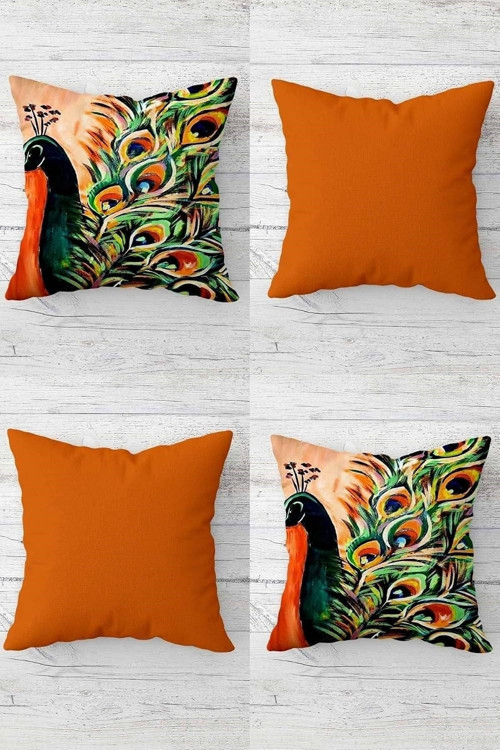 Turuncu Batik Tavuskuşu Desenli Gizli Fermuarlı Kırlent Kılıfı Koltuk Yastık Kılıfı Takım(4A