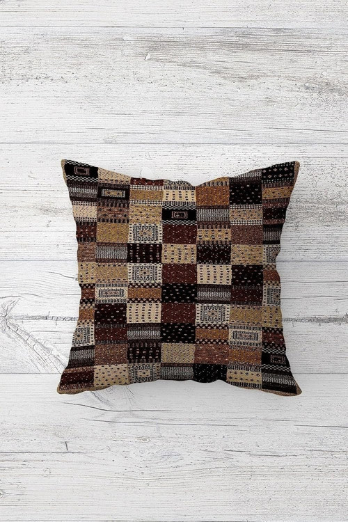 Kahverengi Patchwork Çift Tarafı Baskılı Gizli Fermuarlı Yastık Kılıfı Kırlent Koltuk Yastık