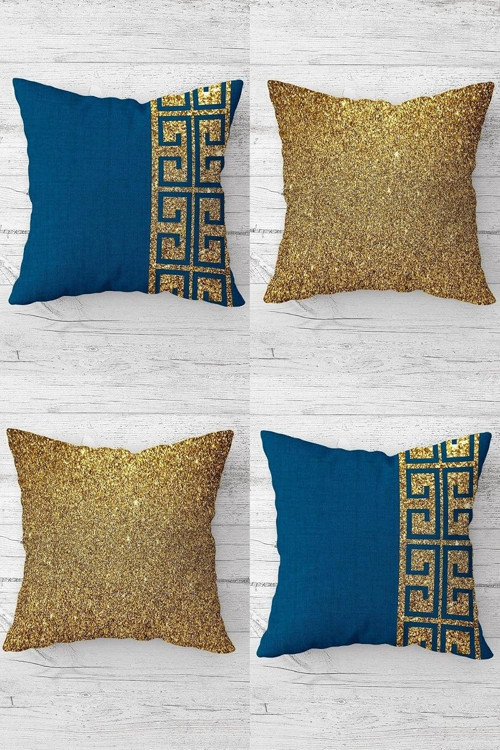 Gold Payetli Düz Kombin Gizli Fermuarlı Kırlent Kılıfı Koltuk Yastık Kılıfı Takım(4Adet), Go