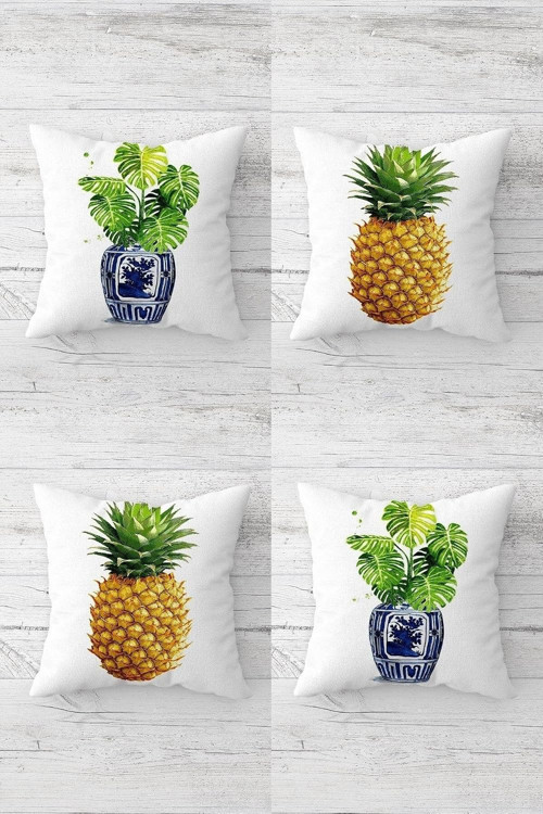 Ananas Ve Tropikal Yapraklar Desen Gizli Fermuarlı Kırlent Kılıfı Koltuk Yastık Kılıfı Takım