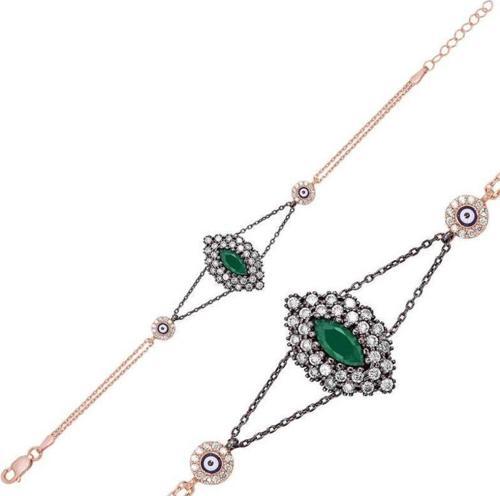 925 Ayar Gümüş Rose Mat Yeşil Taşlı Otantik Bileklik