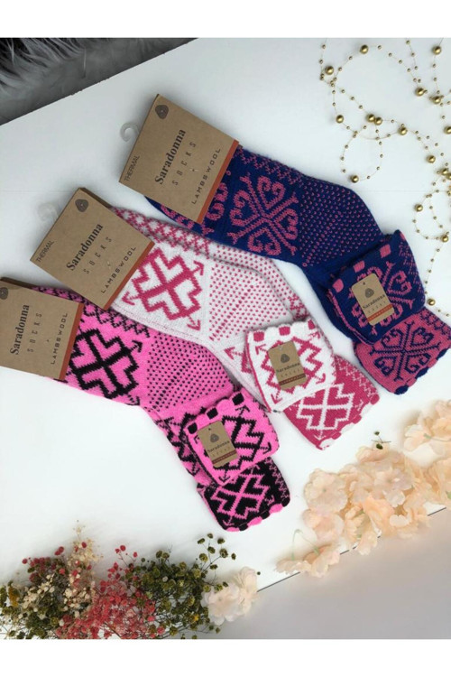 Kadın Katlamalı Etnik Detaylı Lambswool El Örmesi 3 Lü Karma Desen Yumoş Dokulu Termal Çorap