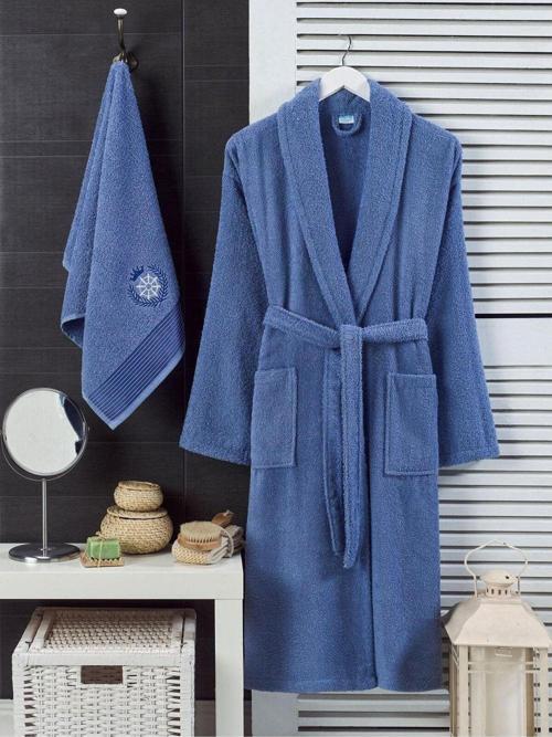 Unisex Lacivert Havlulu Bornoz 2li Set