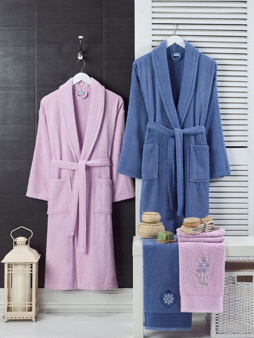 Unisex Mor Lacivert Havlulu Bornoz 4lü Set