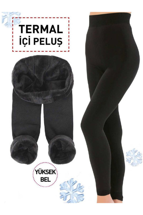 Çift Kat Peluşlu Paça Lastikli Sımsıkı Tutan Kadın Kış Peluş Tayt