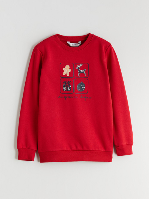 LCW Kids Kırmızı Bisiklet Yaka Yılbaşı Temalı Erkek Çocuk Sweatshirt