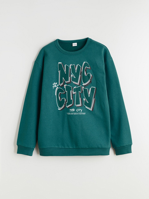 LCW Kids Petrol Bisiklet Yaka New York Baskılı Erkek Çocuk Sweatshirt