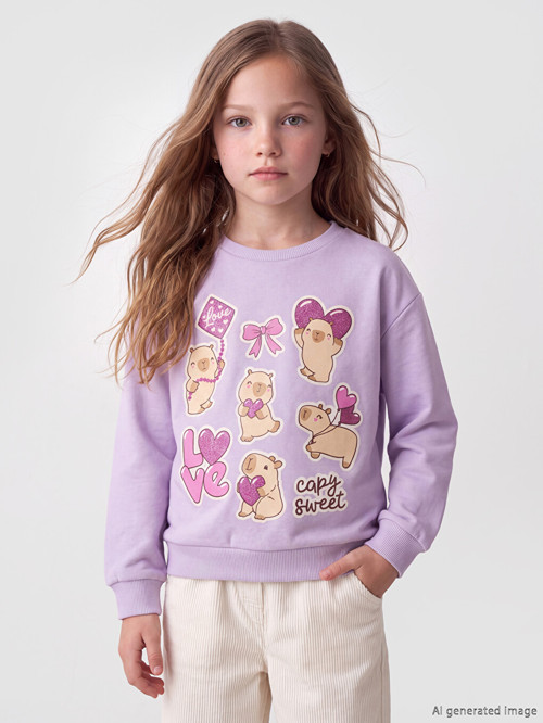 LCW Kids Lila Bisiklet Yaka Baskılı Kız Çocuk Sweatshirt