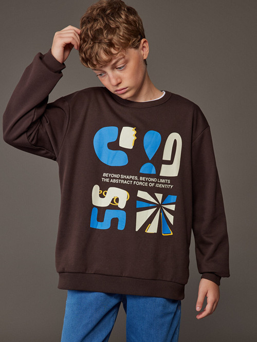 LCW Kids Kahverengi Bisiklet Yaka Baskılı Erkek Çocuk Sweatshirt