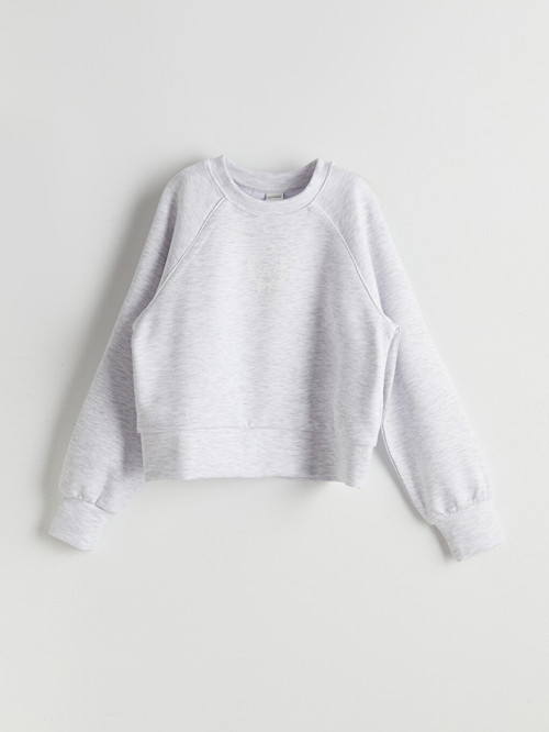 LCW Kids Gri Bisiklet Yaka Baskılı Kız Çocuk Sweatshirt