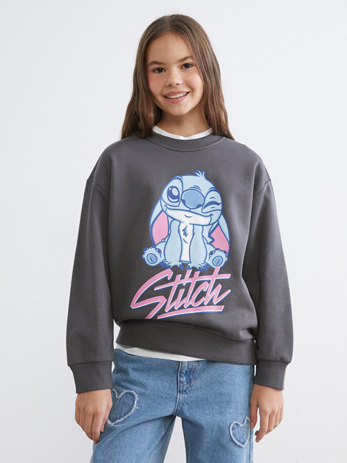LCW Kids Gri Stitch Baskılı Kız Çocuk Kalın Sweatshirt