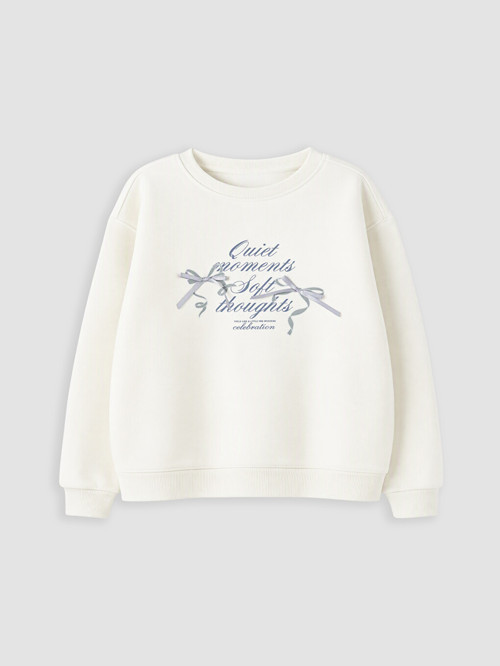 LCW Kids Ekru Bisiklet Yaka Nakışlı Kız Çocuk Kalın Sweatshirt