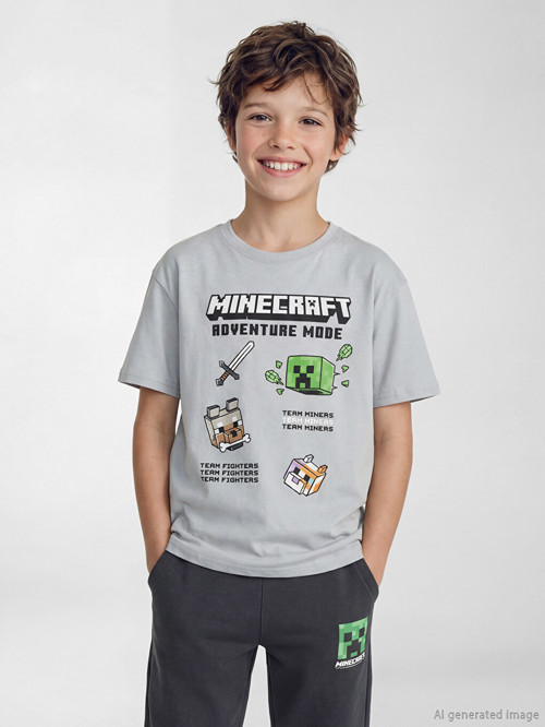 LCW Kids Gri Minecraft Baskılı Erkek Çocuk Tişört