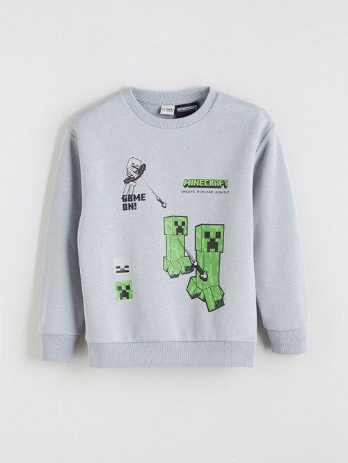 LCW Kids Gri Bisiklet Yaka Minecraft Baskılı Erkek Çocuk Sweatshirt