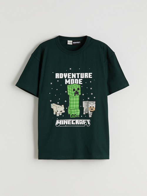LCW Kids Yeşil Bisiklet Yaka Minecraft Baskılı Erkek Çocuk Tişört