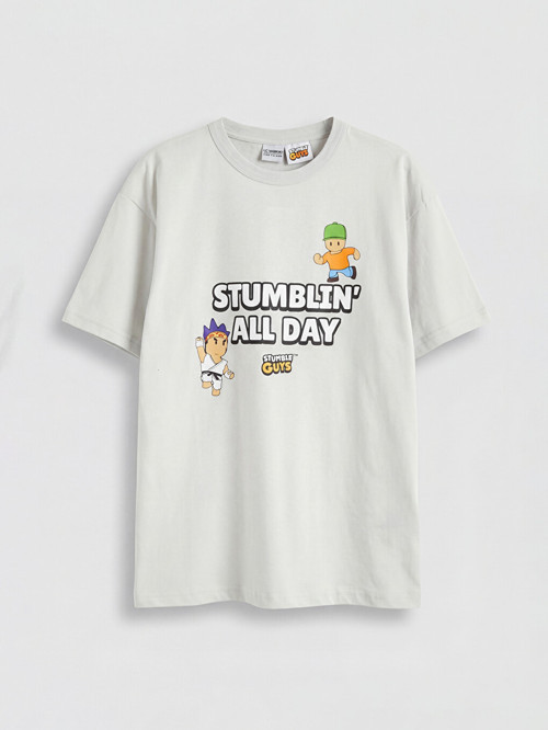 LCW Kids Bej Bisiklet Yaka Stumble Guys Baskılı Erkek Çocuk Tişört