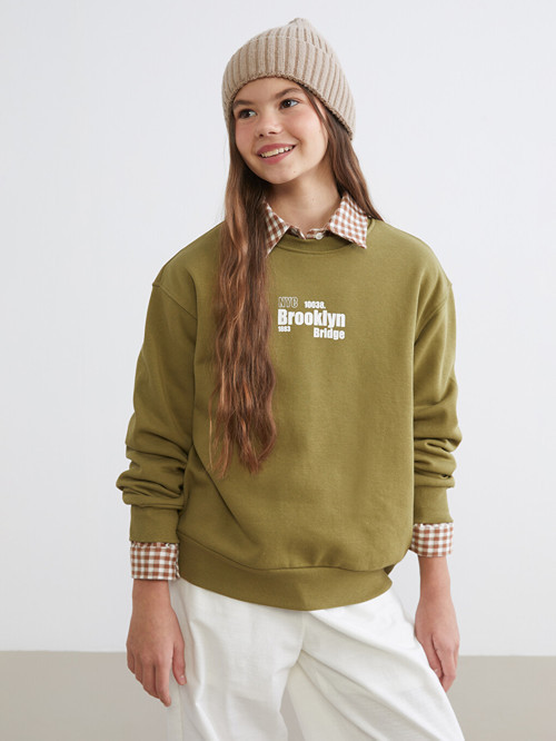 LCW Kids Haki Bisiklet Yaka Baskılı Kız Çocuk Kalın Sweatshirt