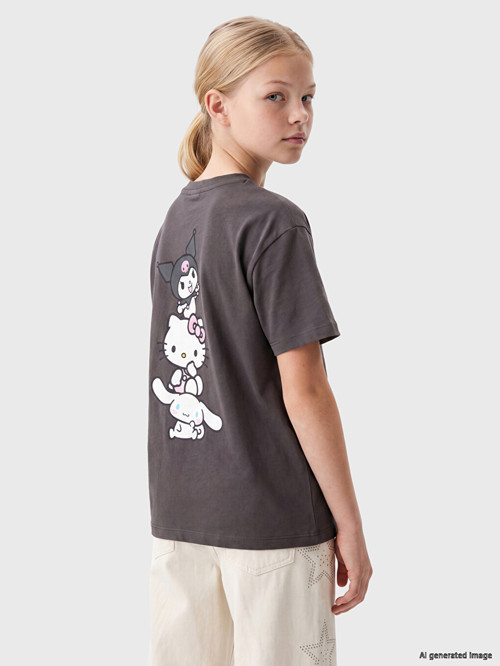 LCW Kids Gri Hello Kitty Lisanslı Bisiklet Yaka Kız Çocuk Tişört