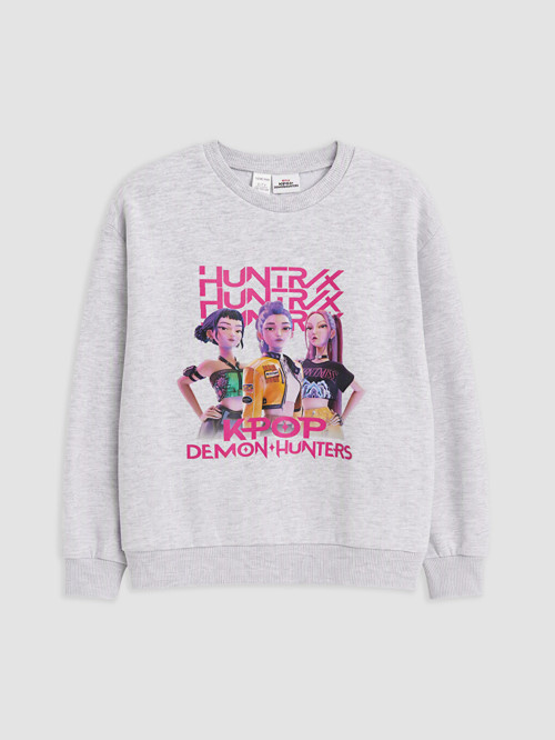 LCW Kids Gri Kpop Demon+hunters Baskılı Kız Çocuk Sweatshirt