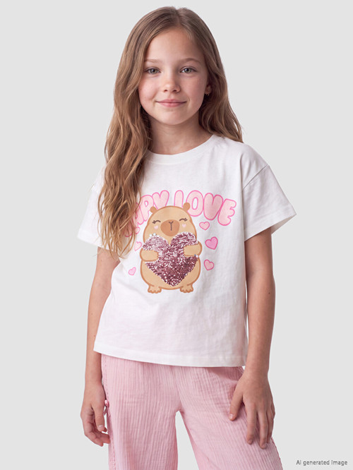 LCW Kids Beyaz Bisiklet Yaka Payetli Kız Çocuk Tişört